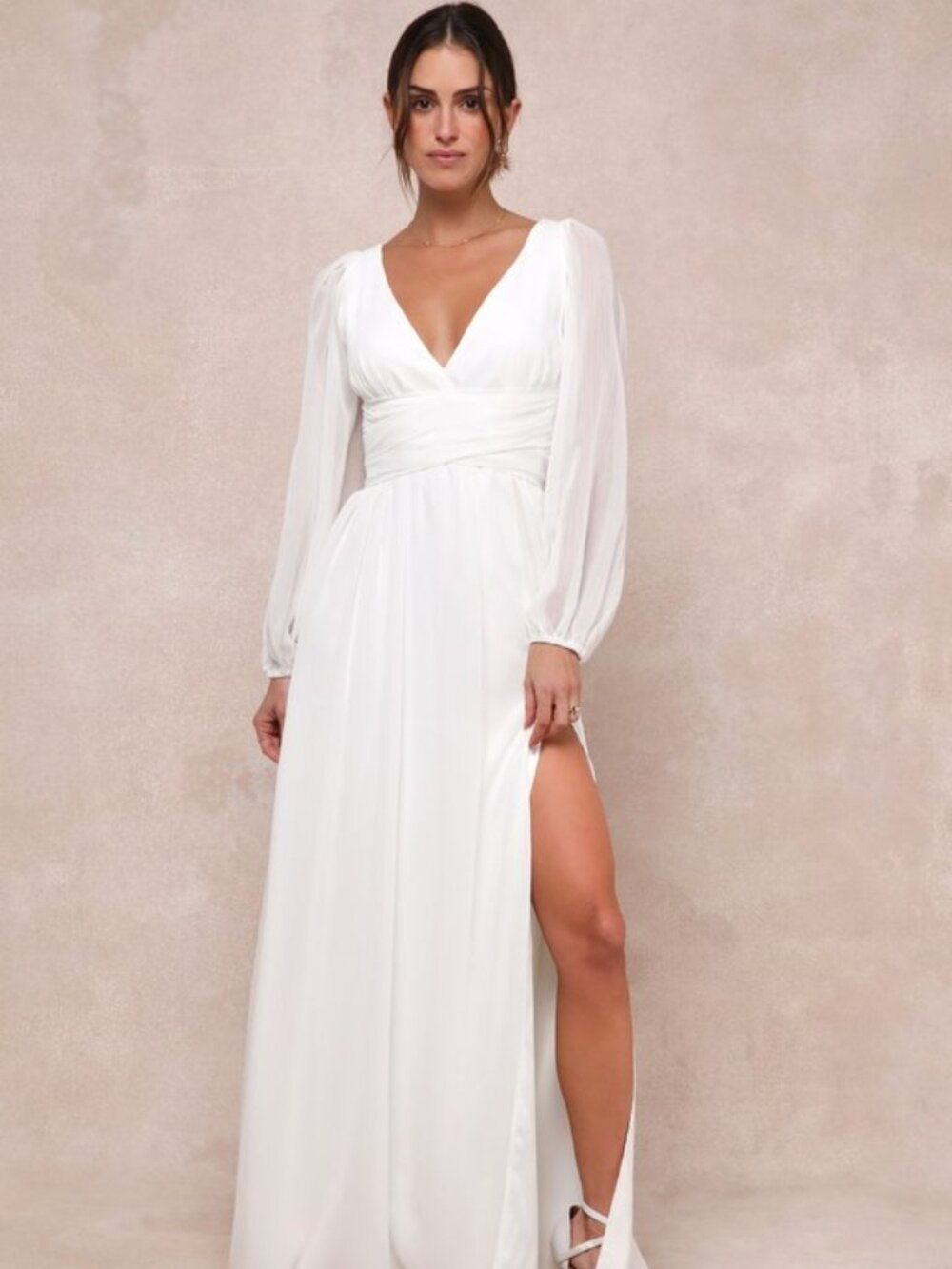 Lulus Enchant My Love White V-neck Long Sleeve Maxi Dress - Size XL
